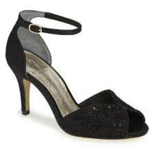 NWT Papell Black Sequined Satin Lace Dress Slingback Party Pump Heels 6